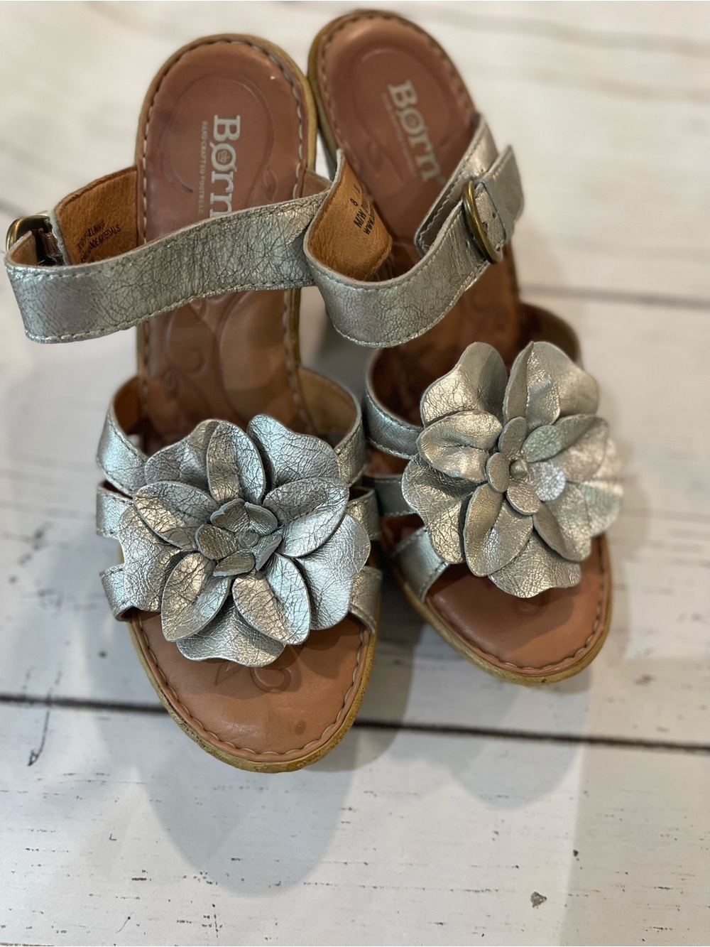 Born Metallic Silver Floral Strap Sandals